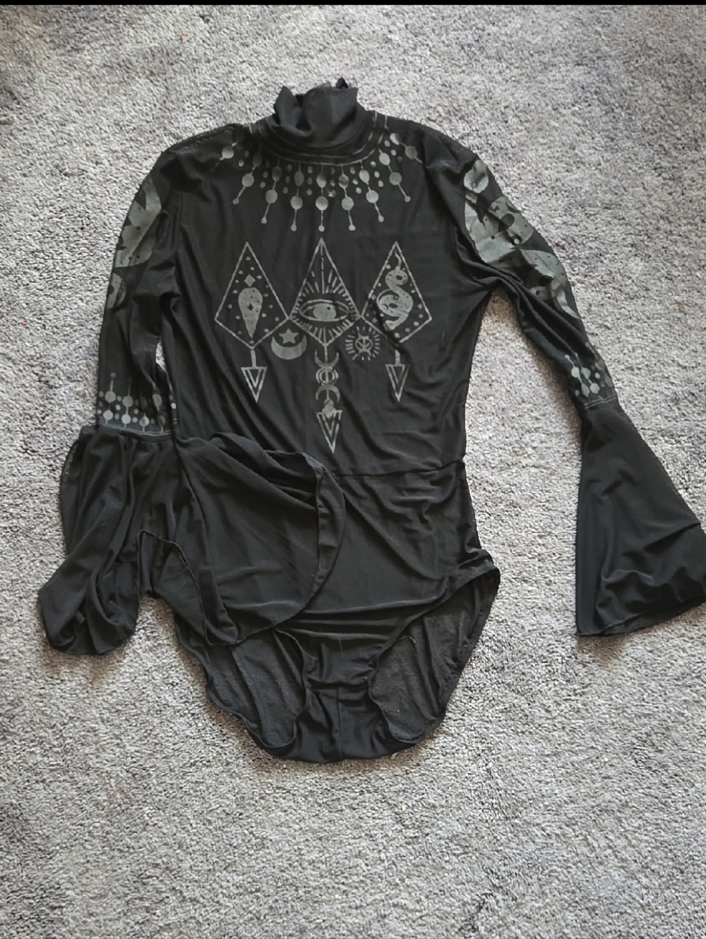 Black Gothic Graphic Bell Sleeve Bodysuit